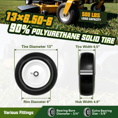 QILINGLORY 13x6.50-6 Flat Free Lawn Mower Tires and Wheel with 3/4" bearing bore Flat-Free, with 5/8” Bearings & Spacers, Fits Riding Mower, Zero Turn, Garden Tractor, 500 lbs Capacity, 2-Pack