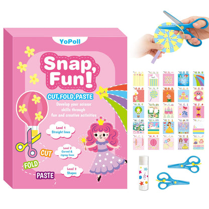 YoPoll Scissor Skills Activity Book for Kids, Toddler Arts and Crafts Kit with 2 Safety Scissors, Preschool Learning Toy for Fine Motor Skills and Creative Cutting Practice, Fun Gift for Boys & Girls