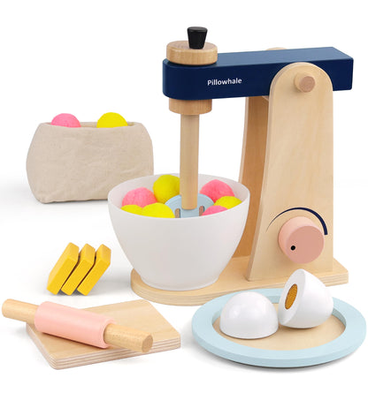 Pillowhale Wooden Kitchen Toys Mixer for Toddlers Age 3+ - 21pcs Montessori Pretend Play Baking Set with Bowl & Rolling Pin, Toy Kitchen Accessories Gift for Girls Boys