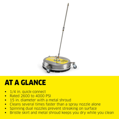 Kärcher Pressure Washer Surface Cleaner 15", 3 Wheels, Stainless Steel, Quick Connect, 4000 PSI, Ideal for Driveways, Patios, Decks, Sidewalks