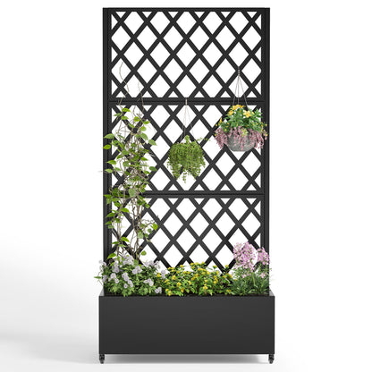 Metal Planter Box with Trellis,72"x35"x15",Galvanized Raised Garden Bed Trellis Outdoor Planter with Privacy Screen & Wheels and Drainage Holes,for Patio Climbing Vegetables,Flowers,Vines,Black