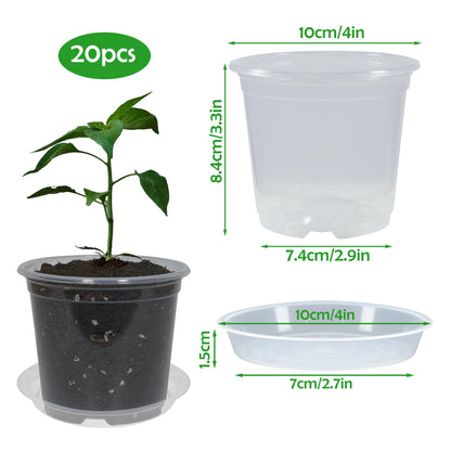 TNTIWQ 20 Pack 4 Inch Clear Nursery Pots with Drainage and 20 Pack Plant Saucers, Plant Pots for Plants Transparent Potting Containers for Plants Seeding Starter Pot (Clear, 4 Inch)
