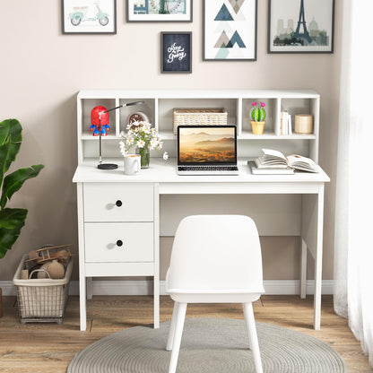 Tangkula White Desk with Drawers & Hutch, Modern Home Office Desk Writing Study Desk with Charging Station, Laptop Desk with 5 Storage Compartments, Computer Workstation Makeup Vanity Desk