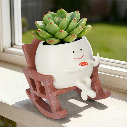 Heakrit Smiley Face Plant Pots, Cute Resin planters for Indoor Outdoor, Unique Rocking Chair Succulent Pots with Drainage Hole, Gift IdeaI for Family and Friends, Brown