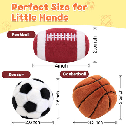 Baby Ball Toys 0-6 Months, Newborn Plush Rattle 3pcs Football Basketball Soccer Sports Set-Sensory Toys with Rattles for 0 3 6 9 12 Months Infant Boys Girls Birthday or Shower Gifts