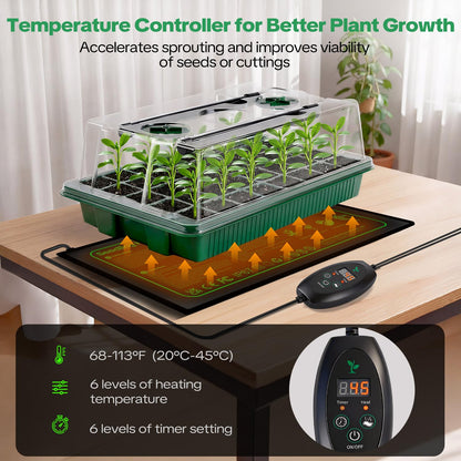 Qmioti Seed Starter Tray with Grow Light & Heating Mat, Digital Temperature Control, 40-Cell Seed Starter Kit with Humidity Dome, Reusable Seed Starter for Indoor Planting Seeds
