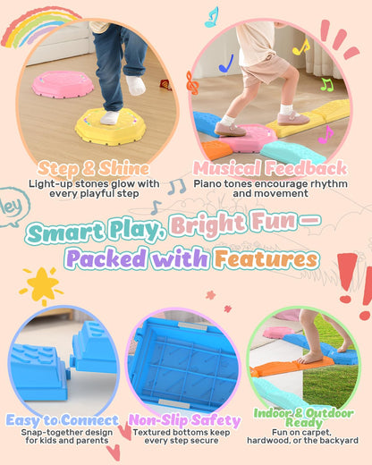 Holyton Light Up Stepping Stones for Kids with Music, 13PCS Balance Beam and Stepping Stone Set, Toddler Balance Beam Obstacle Course, Non-Slip Sensory Toys for Toddlers 3-8, Indoor Outdoor Play