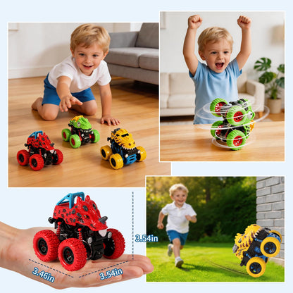 TGXLAK Dinosaur Toys for 2 3 4 5 Year Old Boys - 3 Pack Monster Truck Toys with Friction Power 360° Rotating Push and Go Cars for Toddlers Ages 2-4-6 - Boys Girls Birthday Gifts for Kids 3-5