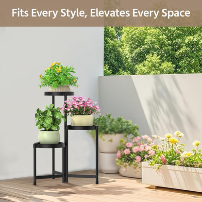 LASZOLA 3 Tiered Plant Stand Indoor Outdoor with Plastic Tray, Corner Folding Tall Flower Display Rack, Modern Plant Holder Shelf for Outdoor Patio Porch Garden Office Living Room, Black