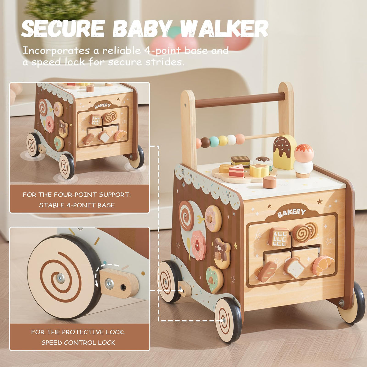Wooden Baby Walker Push Walker with Adjustable Speed, Montessori Bakery Toy Walker with Coffee Machine & Play Food for 1 Year Old, First Birthday Gift