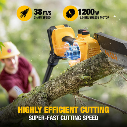 2-IN-1 Cordless 6-Inch Pole Saw & Chainsaw - 1200W Brushless Motor, Total Reach of Max 15.9 FT, Lightweight, Electric Pole Saws for Tree Trimming Pruning with 2×Batteries
