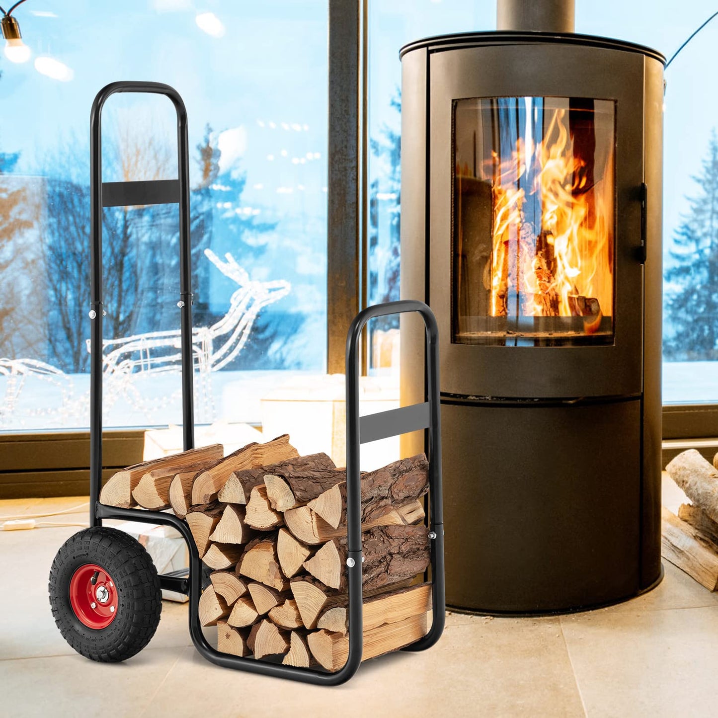 Goplus Firewood Cart with Wheels, Outdoor Indoor Rolling Fire Wood Log Cart with Pneumatic Rubber Tiers, 220 LBS Load Capacity Heavy Duty Steel Wood Storage Hauler, Log Holder Rack for Fireplace