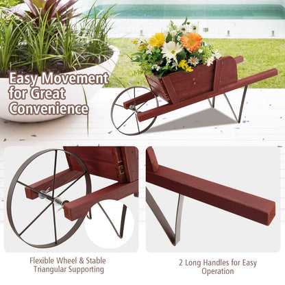 CHEFJOY Wooden Wagon Planter, 27.5"x10.5"x11.5" Wheelbarrow Cart Plant Pot with Halloween Decoration & Metal Supports, Single Wheel Movable Garden Flower Cart Planter for Yard, Backyard (Red)