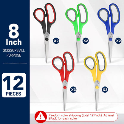 BURVAGY 8" 12 Pack All Purpose Heavy Duty Scissors- Comfort-Grip Sharp Scissors for Office School Sewing Fabric Craft High/Middle School Student Teacher Scissor, Right/Left Hand
