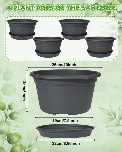 VIDELLY 10 Inch Gray Flower Pots 4-Pack, Plastic Planters with Drainage Hole & Tray, Indoor Outdoor Plant Pots for House Plants, Garden, Patio, Office Home Decor – Modern Decorative Plant Containers