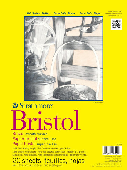 Strathmore 300 Series Bristol Paper Pad, Smooth, Tape Bound, 11x14 inches, 20 Sheets (100lb/270g) - Artist Paper for Adults and Students - Markers, Pen and Ink