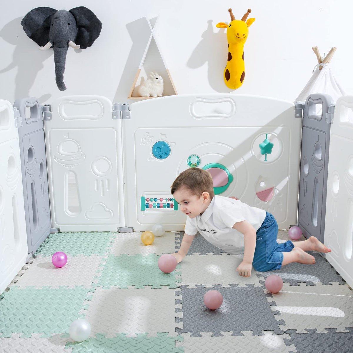 Tamiplay Foam Floor Mats for Kids, 12 x 12 Inch 16 Tiles 0.4" Thickness Foam Play Mat, Non-Toxic Square Interlocking Floor Mats Rubber Baby Play Mat for Toddlers(White/Gray/Bean Green)