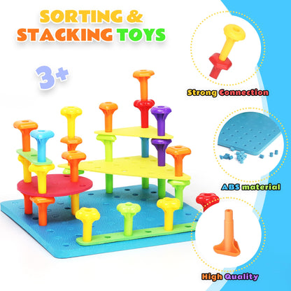 Ggiibro Peg Board Set STEM Toys for Toddlers Ages 3-6 | Montessori Sensory Stacking & Lacing Kit with Thick/Thin Foam Boards & Strings | Preschool Learning Toys for Fine Motor Skills Development