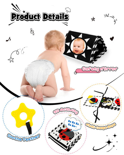 Baobrava 3 PCS Black and White High Contrast Baby Toys for Newborn, Montessori Toy Sensory Infant Tummy Time Toy Baby Essentials 0-6-12 Months Gifts