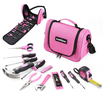 Pink Tool Set,Tool Bag for Women with Shoulder Strap,Basic Tool Kit,21Pcs,Tool Pouch with Zipper,Portable Tool Bag with Tools for Home|Dorm|Office|DIY|Desk|Apartment
