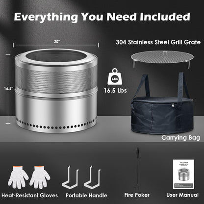 Smokeless Fire Pit with Grill Grate 20 Inch, Portable Stainless Steel Smokeless Firepit, Wood Burning Low Smoke Camping Fire Pit with Ash Pan & Carrying Bag, 360° Airflow, 16.5 lbs for RV & Patio