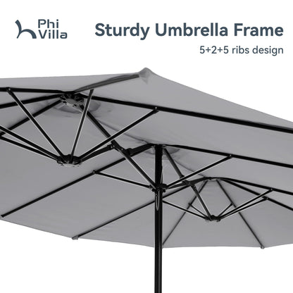PHI VILLA 15ft Large Patio Umbrellas with Base, Outdoor Double-Sided Rectangle Market Umbrella for Pool Lawn Garden, Light Gray