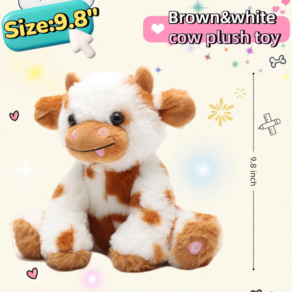 unsnurnoch 9.8" Light-Up Plush Cow Toy, Soft Brown & White Glowing Cow Stuffed Animal, Night Companion for Kids, Cute Bedroom Decor, Birthday for Boys Girls Friends