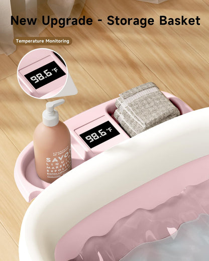 EverKiddo Collapsible Baby Bathtub, Laege Infant Bath Tub with Thermometer & Cute Soft Cushion for Newborn to 36-Month Toddlers, Storage and Non-Slip Feet Design, Baby Bath Gift (Pink)