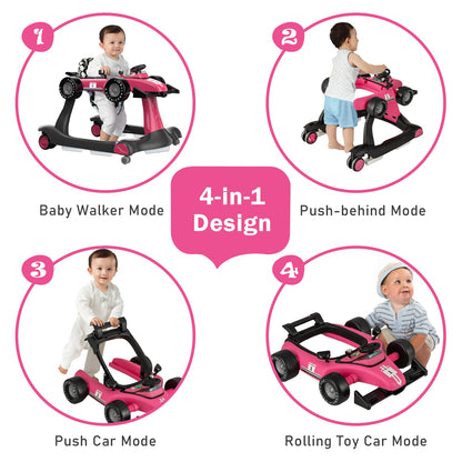 BABY JOY 4-in-1 Baby Walker, Foldable Activity Walker with Adjustable Height & Speed, Music, Lights, Anti-Rollover, Toddler Push Walker, Baby Walker with Wheels for Boys Girls 6-18 Months (Pink)