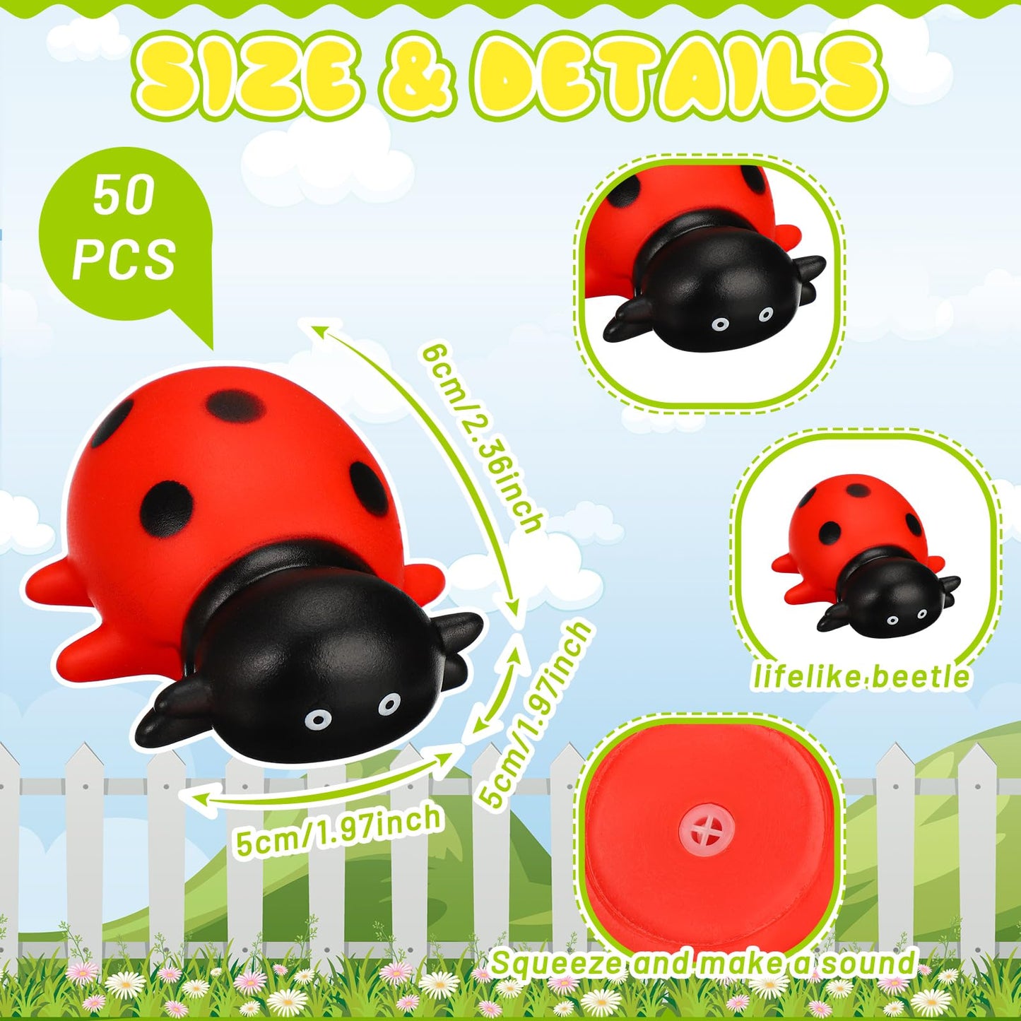 Syhood 50 Pcs Mini Ladybug Toys Squeak Rubber Ladybug Bath Fake Animal Bulk Pool Floating Bathtub Toys Small Ladybugs Figurine Model for Baby Shower Summer Birthday Pool Party Favors Decor