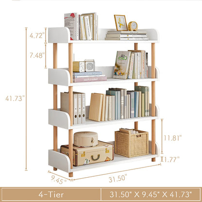 OSCHF 4-Tier Wooden Open Bookcase - Modern Display Bookshelf with Top Edge and Solid Wood Frame for Home and Office, Storage Cabinet, Warm White