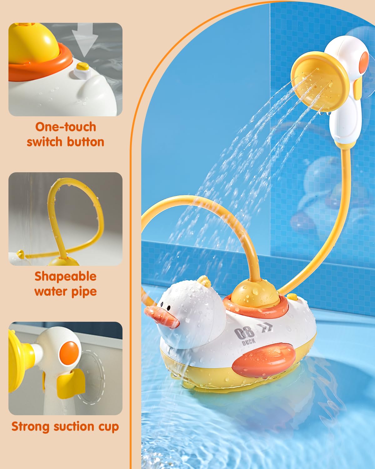 Duckie Baby Bath Shower Head, Toddler Bath Toys for Kids Ages 1-3, Baby Shower Head for Bathtub with Three Squirting Ducks, Birthday Gift for Toddler Boys Girls
