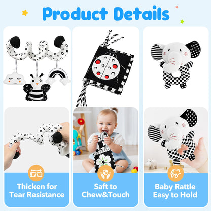TSYAN High Contrast Baby Toys for Babies 0-6 Months, Black and White Baby Sensory Toys with Car Seat Toys,Infant Toys with Black White Book, Hanging Rattle Toys for Baby Gifts