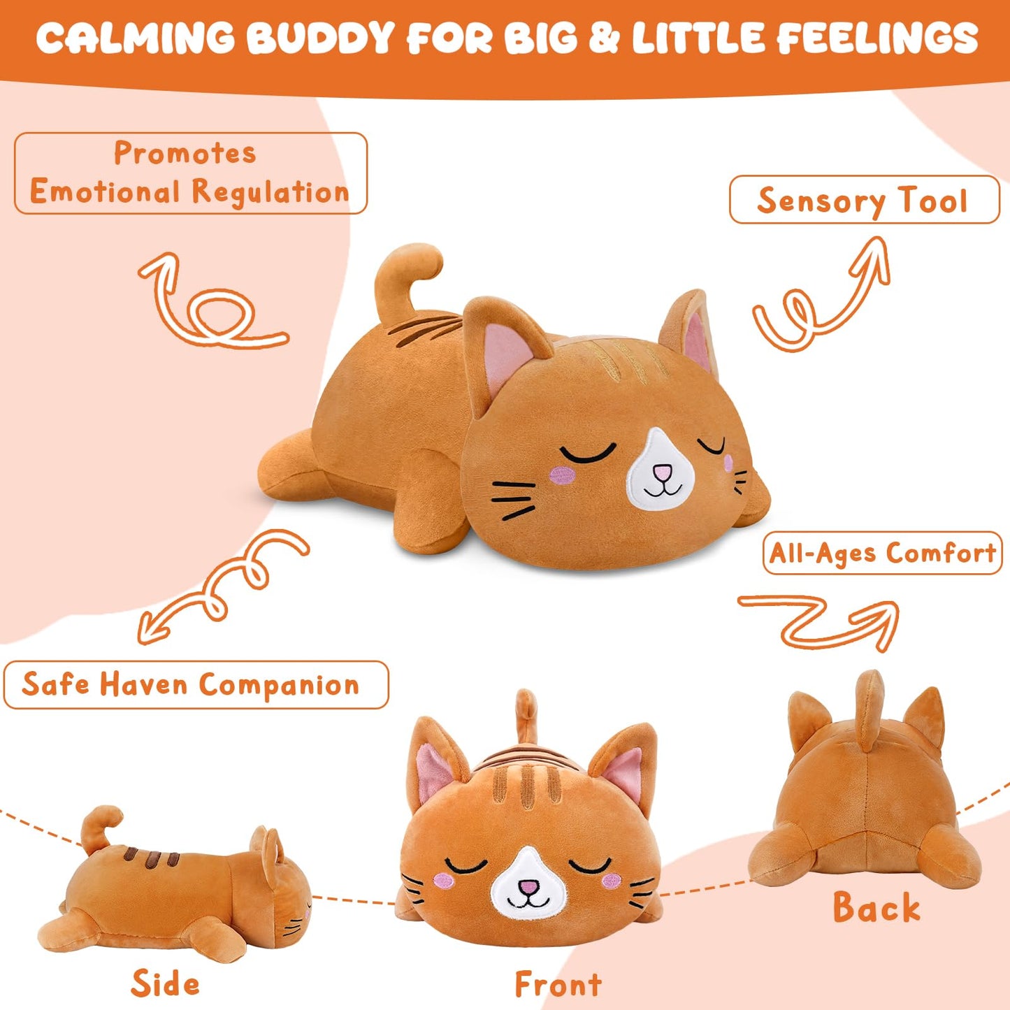 TOYSYM Weighted Stuffed Animals Cat, Orange Cat Plush with Weighted Beads, Cute Cat Plushie Pillow Gifts for Adults Kids Boys Girls 9.8inch