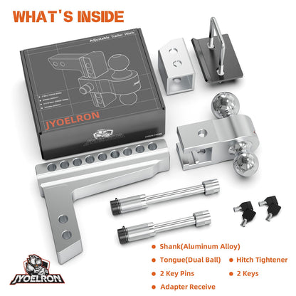Adjustable Aluminum Trailer Hitch Ball Mount for 2" Receiver, Includes 2.5" Sleeve Adapter, 8" Drop/Rise, Dual Ball 2" & 2-5/16", 12,500 lbs GTW, Hitch Tightener with Locking Pins