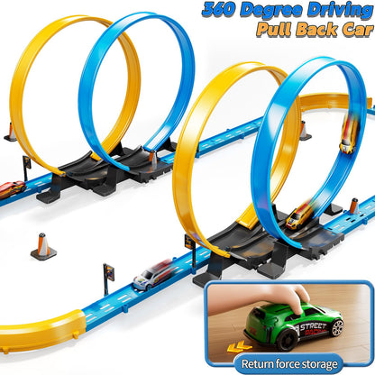 LILYBUDS Toy Car Race Track Set for Boys Kids Age 3-5 4-7, Race Tracks with 4 Crash Zones and 1:64 Scale High-Speed Slot Cars, Christmas Halloween Birthday Gifts Toys for Toddlers Boys 4-8 8-12 Years