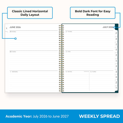 Blue Sky 2026-2027 Weekly and Monthly Academic Year Planner Calendar, July 2026 - June 2027, 8.5" x 11", Flexible Cover, Wirebound, Storage Pocket, Laminated Tabs, Greta