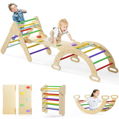 Olakids Pikler Triangle Set 7 in 1 Climbing Toys for Toddlers 1-3 Inside Foldable Wood Montessori Jungle Gym with Ramp Ladder Arch Slide Baby Climber Indoor Playground