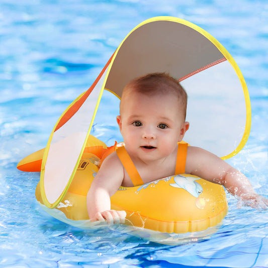 No Flip Over Baby Pool Float with Canopy UPF50+ Sun Protection, Sponge Safety Support Bottom, Fun Gifts Water Toys Accessories Inflatable Baby Swim Floats for Pool 3-36 Months