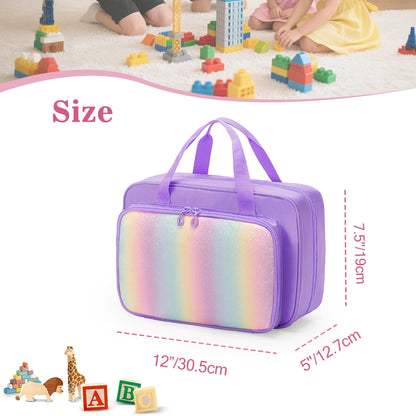 Kids Travel Toy Organizer with Hanging Hook, Storage Bags with Multi-compartments for Child’s Toys, Snack or Other Essentials, Water-resistant Toiletry Carrying Bag, Two Way Zipper, Purple (Bag Only)