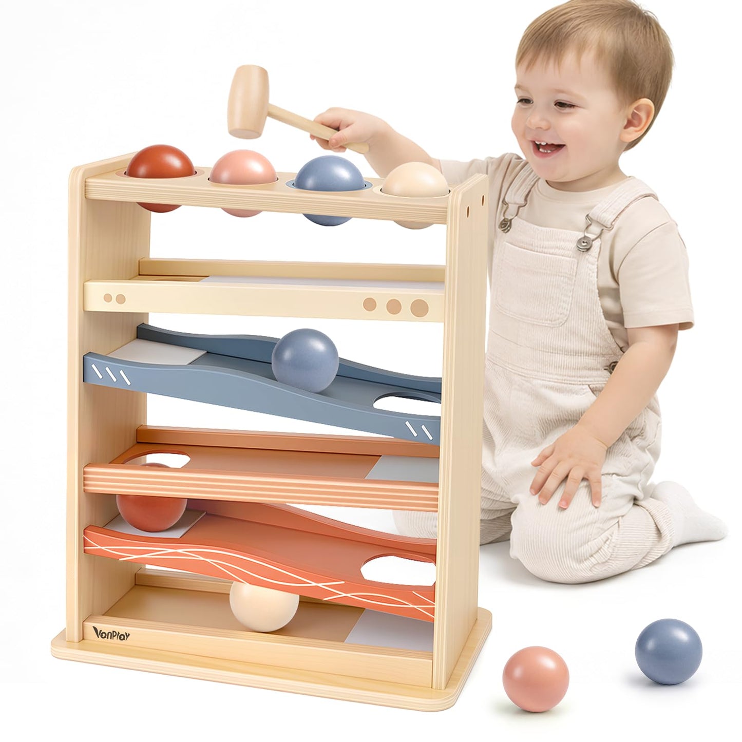 Vanplay Ball Drop Toys for One Year Old Boy Girls Birthday Gifts, Montessori Toys for 1 2 Year Old, Wooden Hammer Rolling Ball Toys for Toddlers 1-3, Cause and Effect Toys for Baby 12M+ First Gifts