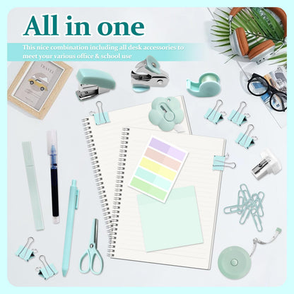 Mini Office Supplies, Teal Stapler with Staples and Tape Dispenser Set, Mini Stationary Kit Includes Sticky Notes Index Tabs Highlighters Gel Pens for Office & School Supplies (Teal)