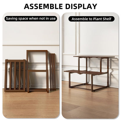 Rioneta Plant Stand Indoor Outdoor, Foldable Metal Plant Shelf for Multiple Pots, Mid Century Slatted Bench for Patio Garden, Heavy Duty Capacity 330 lbs 2 Tier Coffee