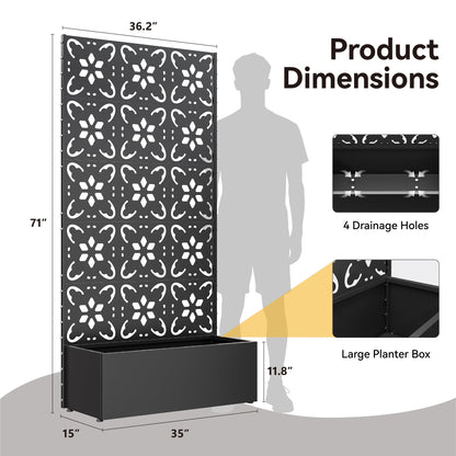 Bevivog Outdoor Privacy Screen with Planter Box, 71"x36" Freestanding Metal Privacy Planters for Patio Garden Metal Planter Box with Trellis, Outside Privacy Fence with Planter for Climbing Plants