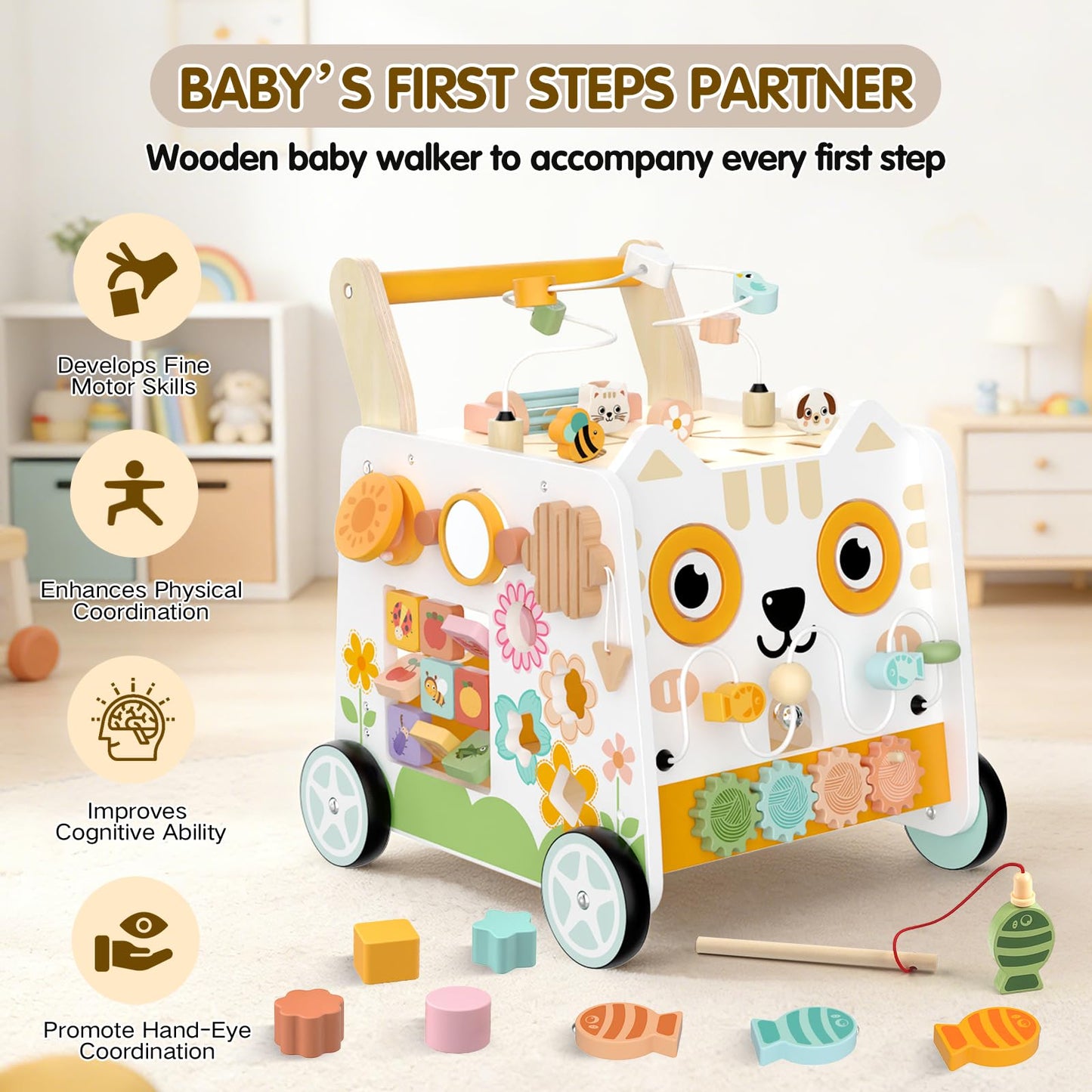 Wooden Baby Walker, Baby Push Walker with Wheels, 16-in-1 Montessori Activity Center Bead Maze Shape Sorter Xylophone, Height Adjustable Walking Toy 12+ Months, 1 Year Old Birthday Gifts Boys Girls
