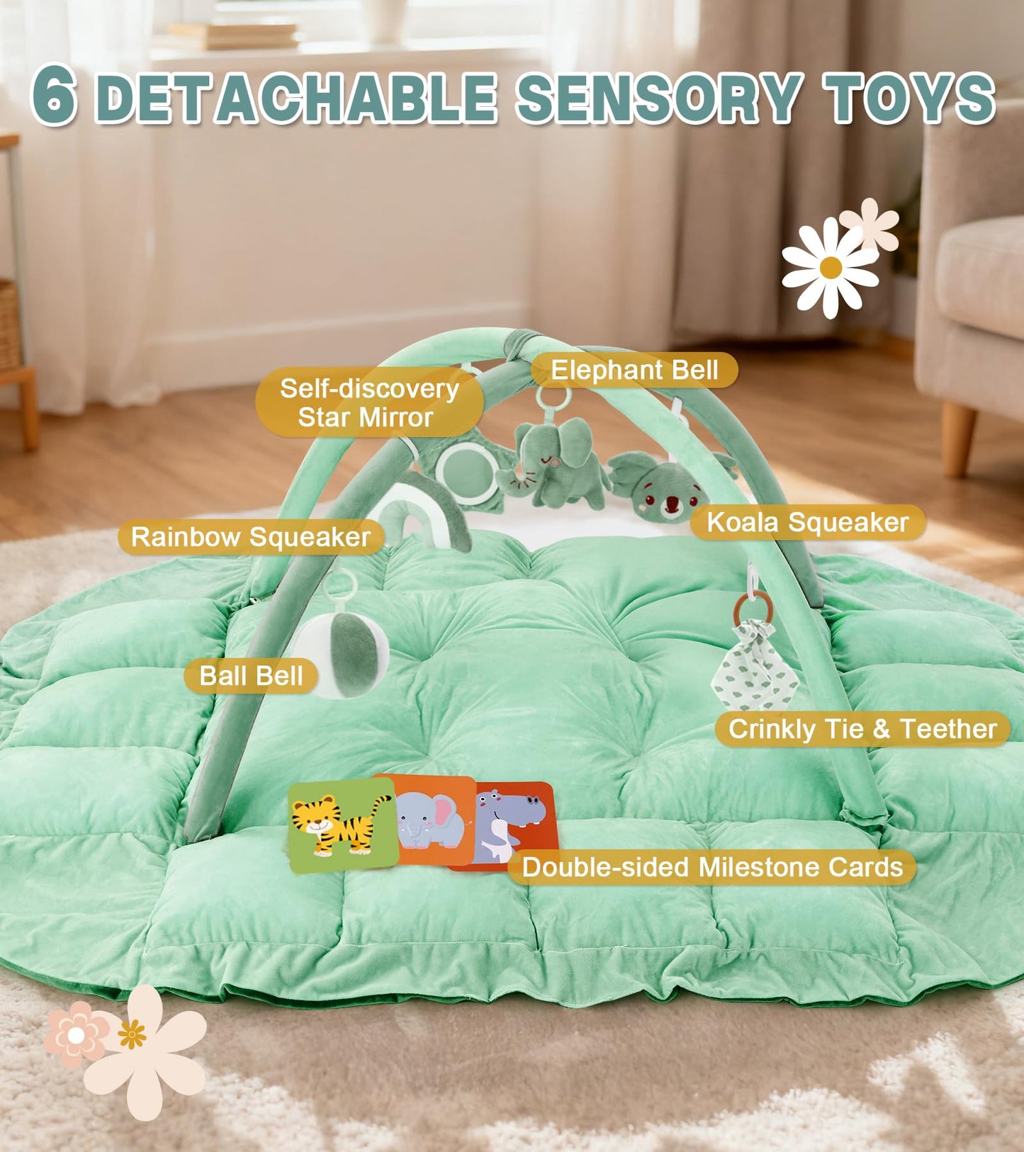 5-in-1 Baby Play Gym and Tummy Time Mat, 12 Learning Cards, Plush Activity Mat with 6 Toys, Baby Gym, Convertible to Ball Pit, Baby Gift, Sage Green