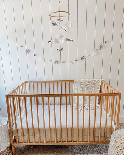 Baby Crib Mobile – Wooden Hanging Nursery Baby Mobile for Crib, Nursery Decor for Boys & Girls, Perfect Shower Gift (Grey Birds w/Garland) Also Fits Bassinets, Sorrel + Fern
