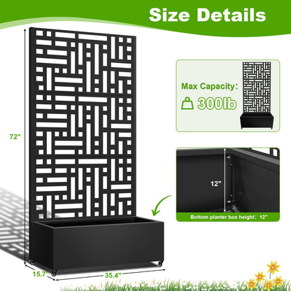 Meyoppm 72"x35"x16" Metal Planter Box with Trellis, Galvanized Steel Raised Garden Bed with Lockable Casters & Drainage Holes, Outdoor Large Planter Box for Climbing Plants, Vegetables & Flowers