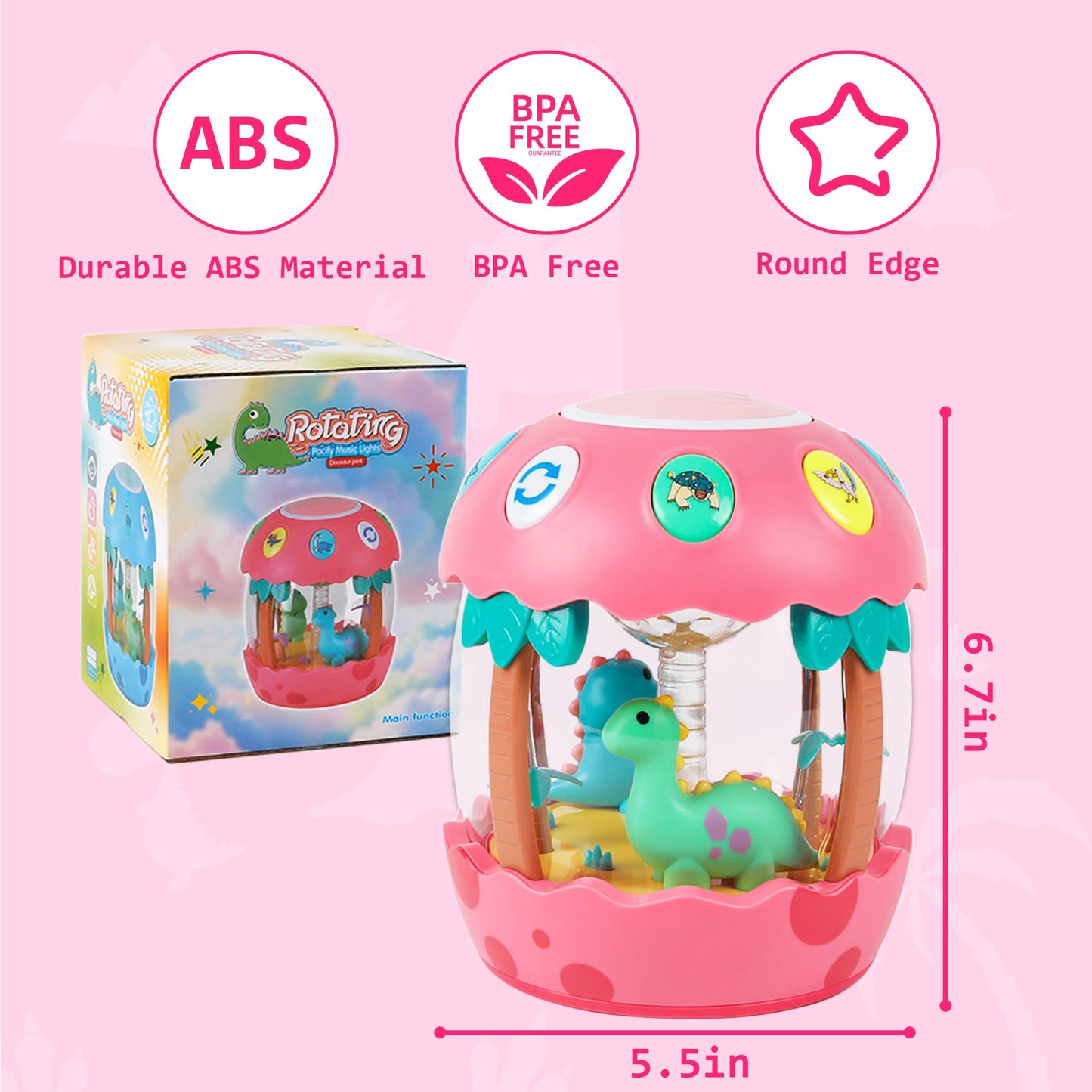 M SANMERSEN Baby Girl Toys 6-12 Months, Dinosaur Rotating Light Up Musical Baby Toys for 0-6 12-18 Months Newborn Infant Crawling Tummy Time Toys, Birthday Easter Gifts for Baby Girls- Pink