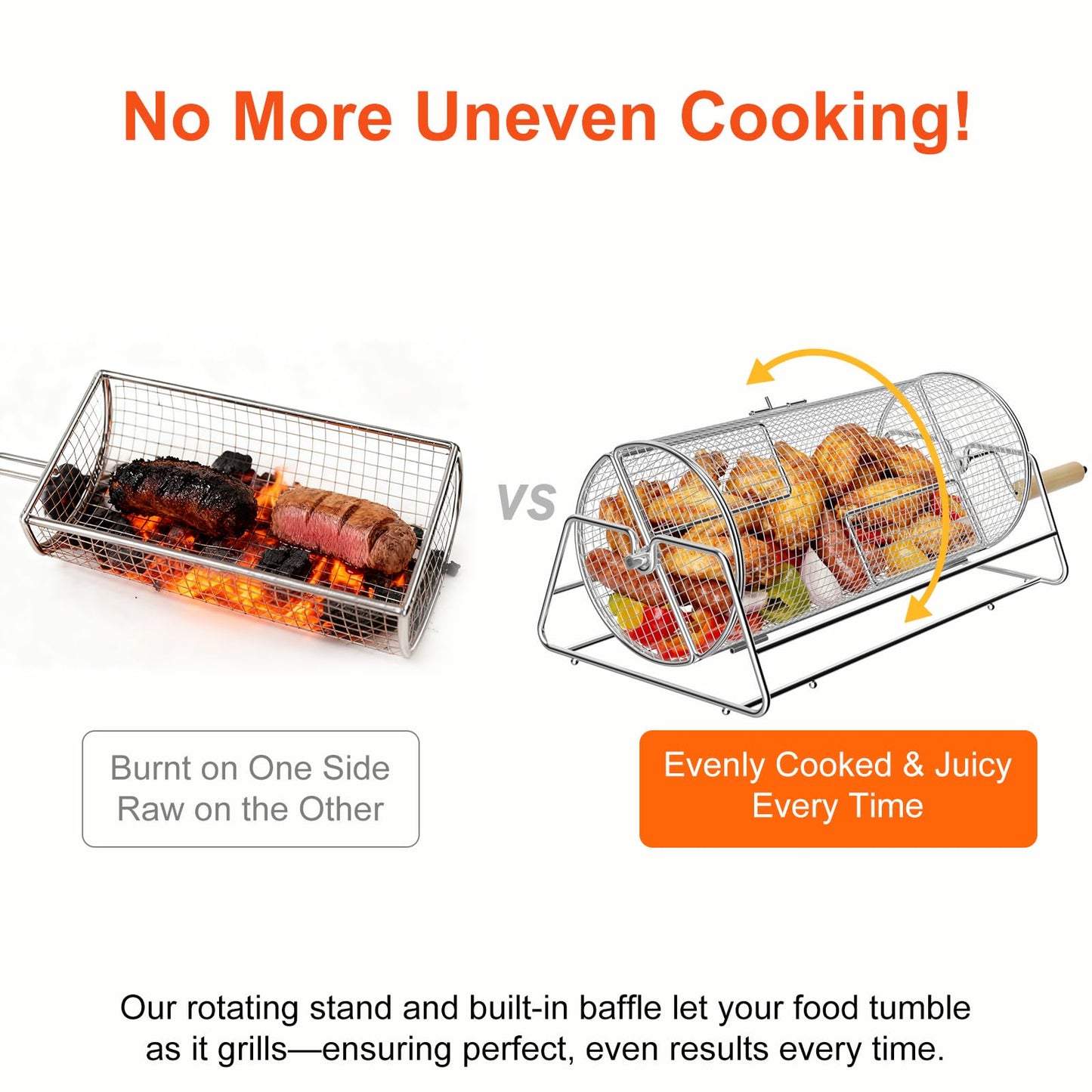 2-in-1 Rotatable Rolling Grill Basket, 304 Stainless Steel, with Removable Wooden Dual Handles & Rotating Stand, BBQ Accessories Tools for Vegetables Shrimp, Gifts for Birthday/Men/Dad/Husband